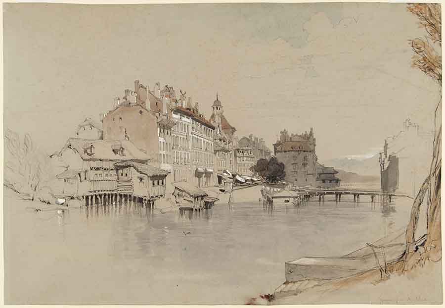 John Ruskin (British, 1819–1900), Geneva from the Rhone, undated, 1842 or 1846, watercolor, graphite pencil, and colored chalk on wove blue paper. Gilbert Davis Collection. The Huntington Library, Art Museum, and Botanical Gardens.