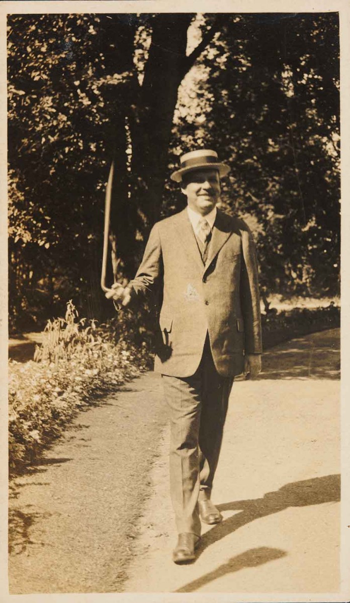 Photograph of Wallace Stevens twirling a cane, circa 1922, Wallace Stevens papers. Unknown photographer. The Huntington Library, Art Collections, and Botanical Gardens.