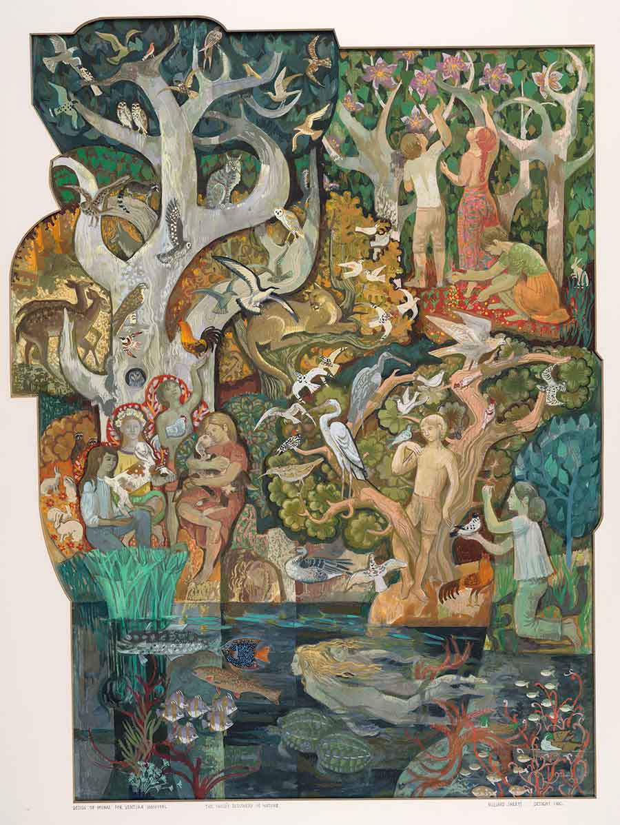 Susan Hertel (1930–1993) for Millard Sheets Designs, Inc., The Child’s Discovery of Nature, study for mural at Community Memorial Hospital, Ventura, California, 1974, gouache on board. Dennis O’Connor Collection. Purchase, Library Collectors’ Council, 2011. © Millard Sheets Estate, 2019.