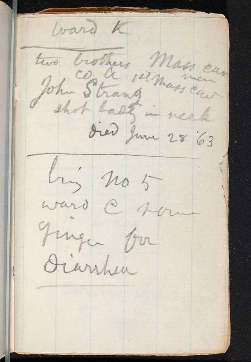 Page 13 of Whitman’s hospital notebook: “ward K / two brothers Mass cav men / co A 1st Mass cav / John Strang / shot badly in neck / died June 28 ’63 / bring no 5 / ward C some / ginger for / diarrhea.” The Huntington Library, Art Museum, and Botanical Gardens.