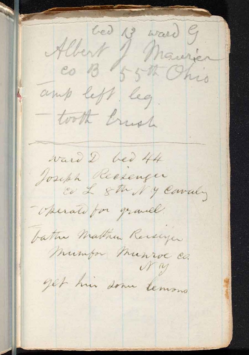 Top of page 19 in Whitman’s hospital notebook: “bed 13 ward G / Albert J Maurier / co B 55th Ohio / amp left leg / tooth brush.” The Huntington Library, Art Museum, and Botanical Gardens.