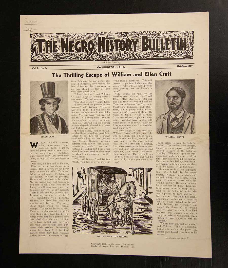 The first edition of the Negro History Bulletin, edited by Carter G. Woodson, published in October 1937 through the Association for the Study of Negro Life and History. The Huntington Library, Art Collections, and Botanical Gardens.
