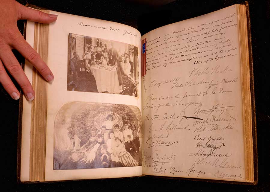 Autograph album of American author and poet Charles Warren Stoddard, created 1863–1897. This album contains handwritten notes, letters, poems, and drawings by approximately 200 friends and acquaintances of Stoddard, including leading American literary figures, journalists, poets, critics, politicians, and actors of the late 19th century. Photo by Deborah Miller.