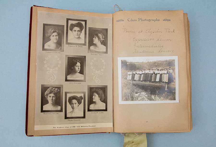 A scrapbook containing photographs, writings, and ephemera related to student Bertha Taylor’s tenure at, and graduation from, the Cumnock School of Expression in Los Angeles, Calif., in 1908. Photo by Deborah Miller.