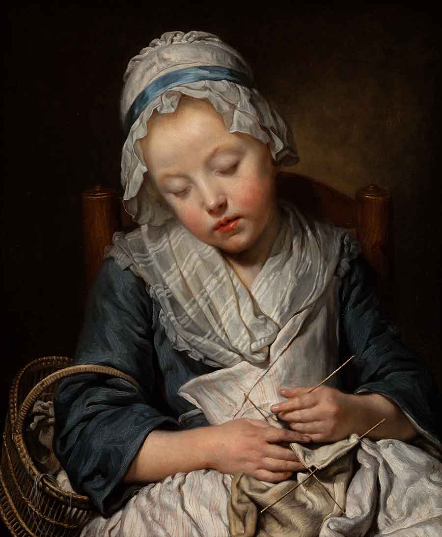 Jean-Baptiste Greuze, Young Knitter Asleep, ca. 1759, oil on canvas, 27 x 22 in. Adele S. Browning Memorial Collection, gift of Mildred Browning Green and Honorable Lucius Peyton Green. The Huntington Library, Art Museum, and Botanical Gardens.