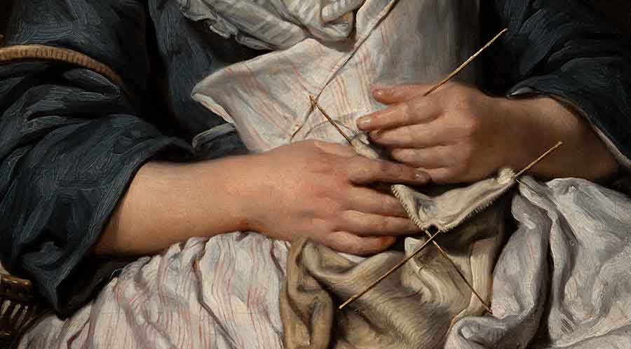 The young girl has fallen asleep while knitting. Her hands loosely hold the four fine needles required to create the enclosed shape of a stocking, whose toe curls in her lap. Jean-Baptiste Greuze, detail of Young Knitter Asleep, ca. 1759, oil on canvas, 27 x 22 in. Adele S. Browning Memorial Collection, gift of Mildred Browning Green and Honorable Lucius Peyton Green. The Huntington Library, Art Museum, and Botanical Gardens.