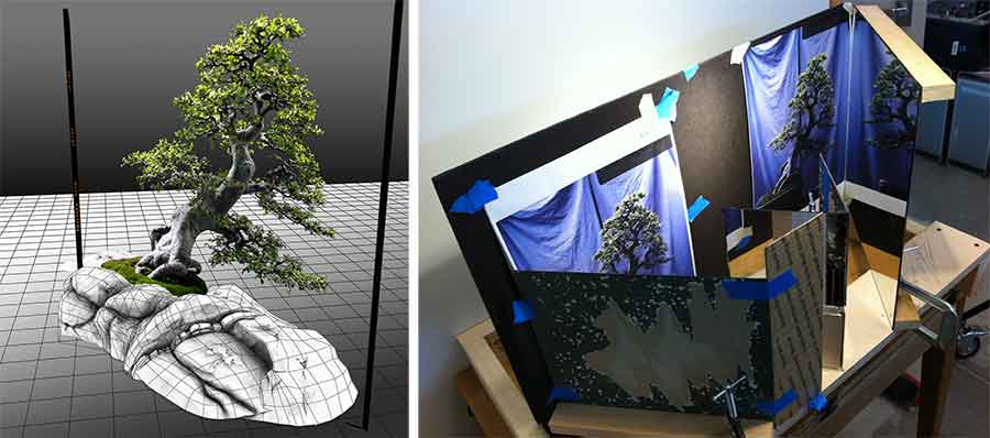 Left: Hilyard spent two years manipulating photos of bonsai and penjing. Here is one step in the creation of the final image that opens this article. Right: The photographer created a prototype-viewing device big enough to see the large prints in 3-D. The device currently measures three feet by two feet by 20 inches deep, though he may go larger if he finds the quality improves. Here, low-quality prints stand in for the real thing, allowing him to tweak the proportions and angles of the parts.