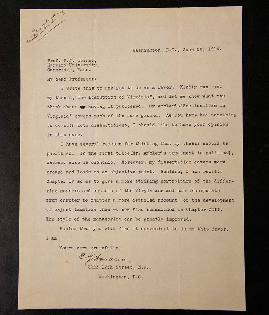 Carter G. Woodson, typewritten letter to historian Frederick Jackson Turner regarding the publication of his dissertation, June 20, 1914. The Huntington Library, Art Collections, and Botanical Gardens.