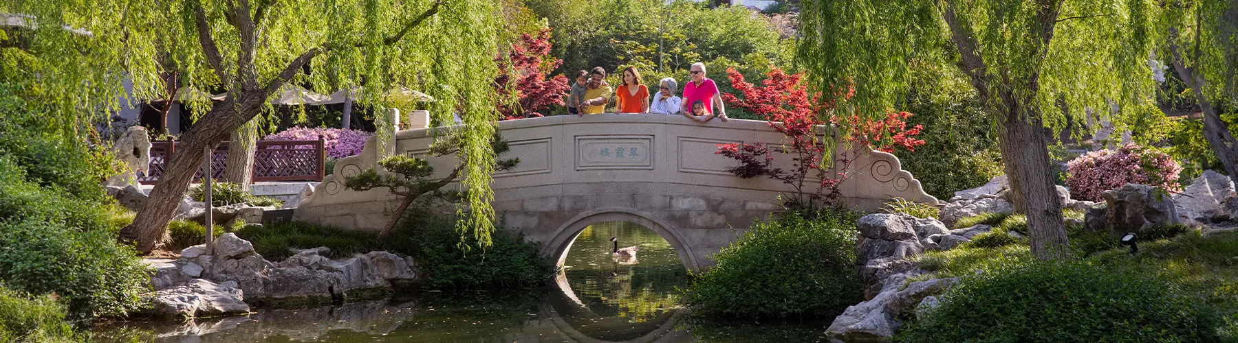 A family stands on a bridge in a Chinese garden.